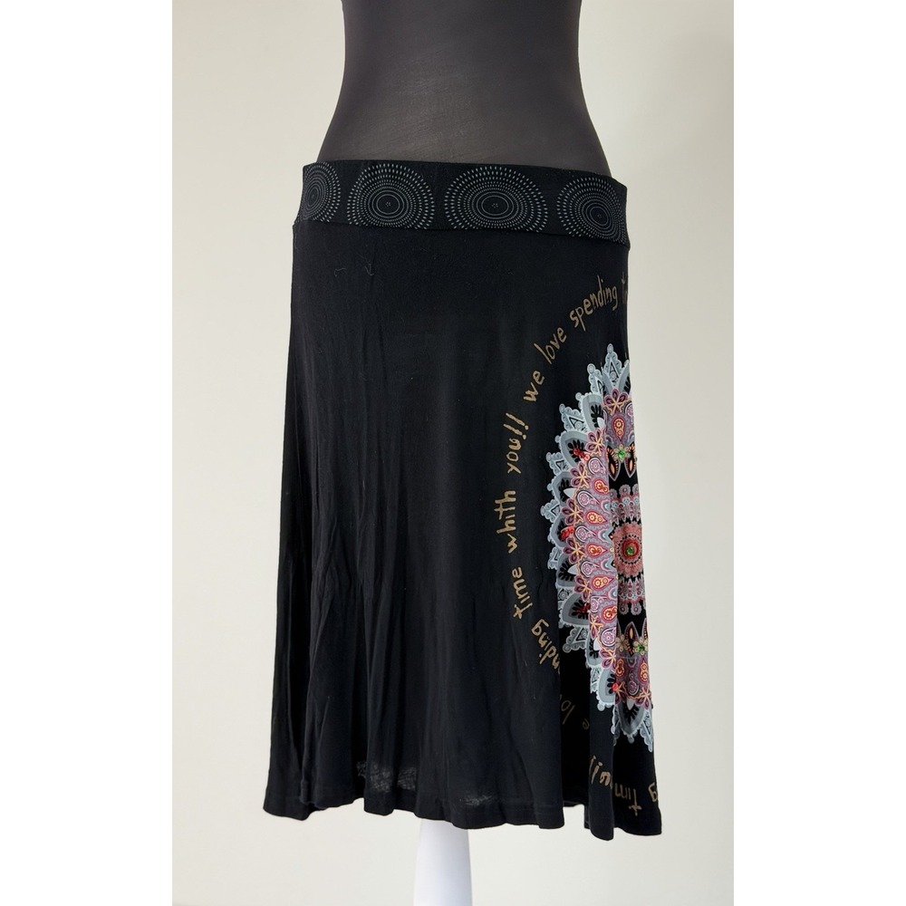Desigual Black Graphic Mandala Skirt XL Boho A-Line Stretch Midi